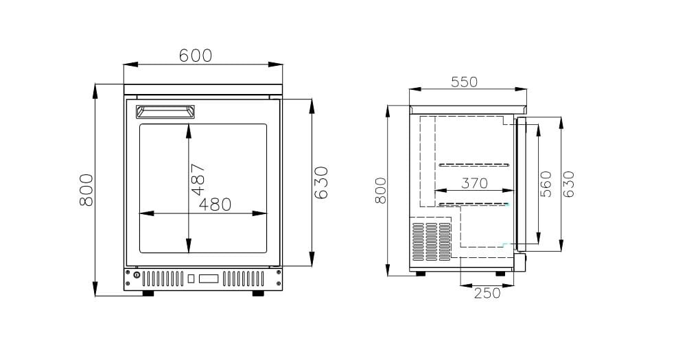 Technical Drawing: Air-Cooled 1-Door Glass-Back Bar Refrigerator (Dimensions & Layout)