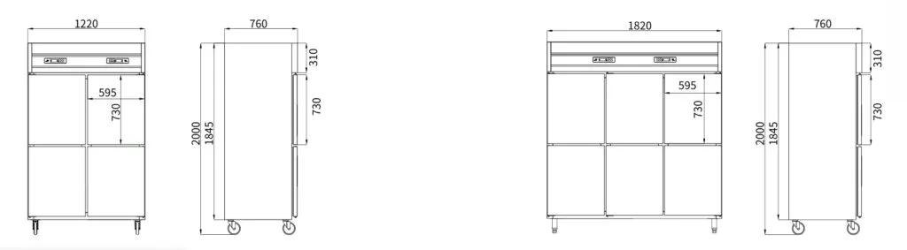 High - precision technical drawings of STANDARD SERIES reach - in solid swing door air - cooled freezers, showcasing dimensions and structural details.
