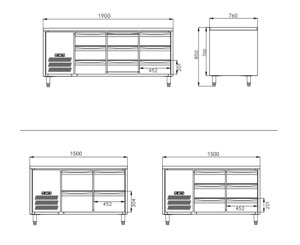 Premium 6-Drawer Air-Cooled Refrigerated Workbench with multiple views including appearance, structure, and dimension diagrams
