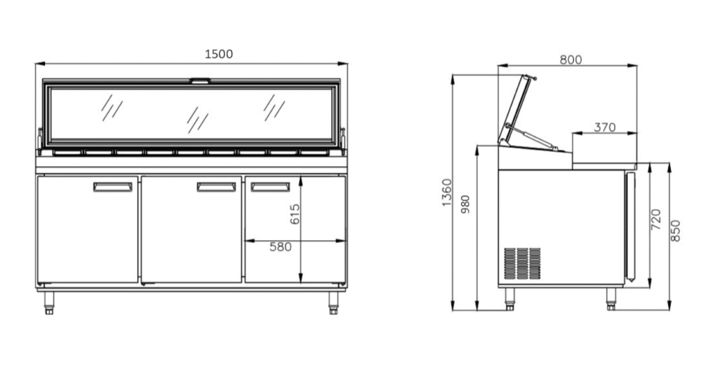 2 - Door Rear Mount Air - Cooled 5 x 1/3 - Pan Pizza Prep Refrigerators (Acrylic Lid) 3 2 - Door Air - Cooled 6 x 13 - Pan Pizza Prep Refrigerators (Stainless Lid)