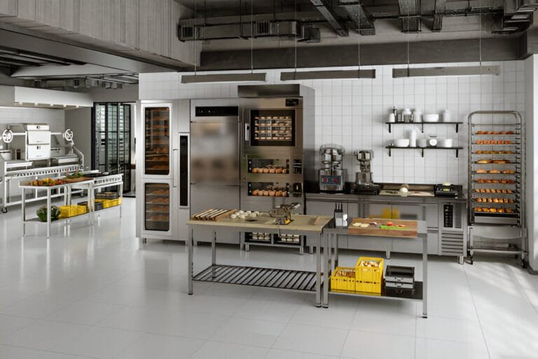 Modern Commercial Kitchen Interior With Kitchen Equipments, Foods And Bakery Products