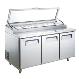 3 - Door Rear Mount Air - Cooled 9 x 1/3 - Pan Pizza Prep Refrigerators (Acrylic Lid)