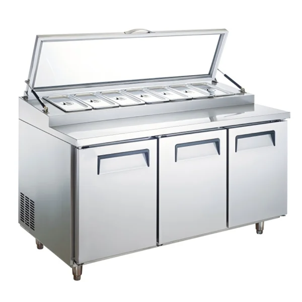 3 - Door Rear Mount Air - Cooled 9 x 1/3 - Pan Pizza Prep Refrigerators (Acrylic Lid)