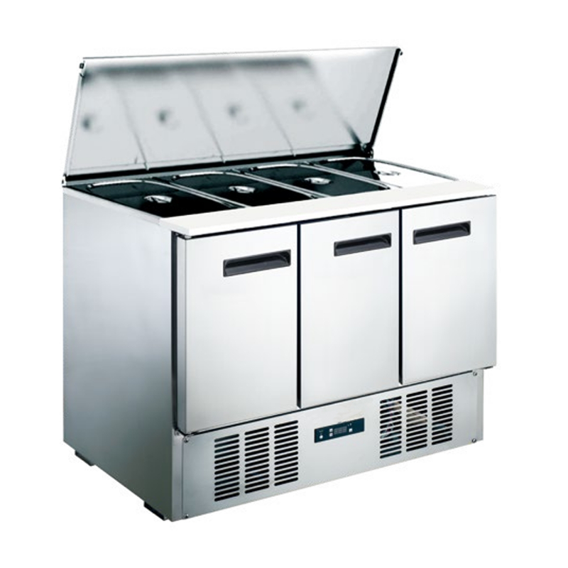 3-Door bottom mount Salad Refrigeration Counters With Curved Glass Lid