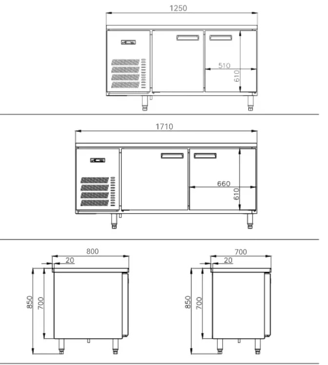 Technical Drawings of GN 8-Tray Air-Cooled Refrigerated Tray Workbench (Model AWF027C2-GN)