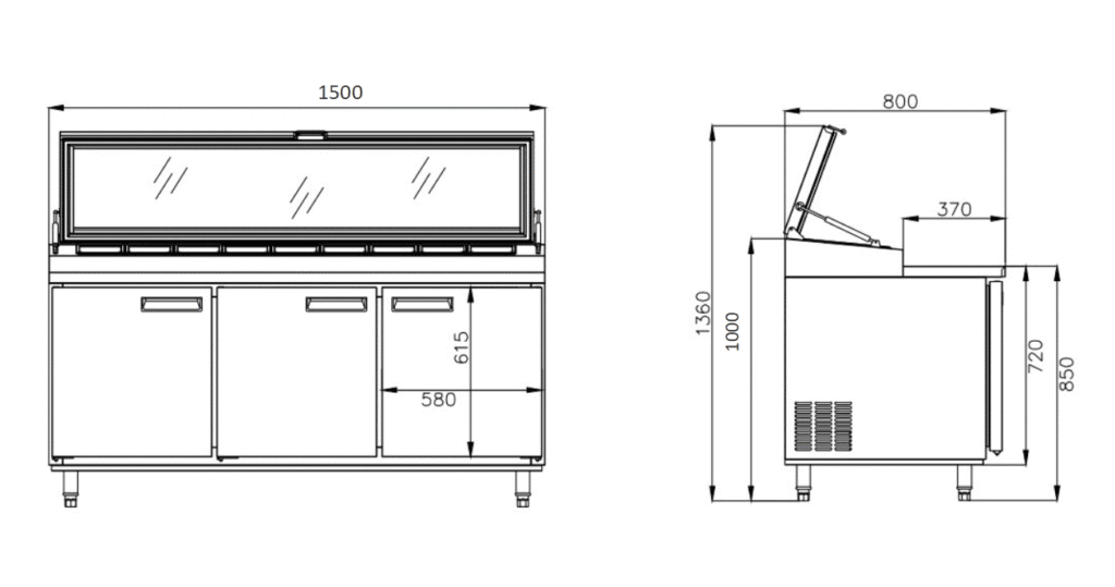 3 - Door Rear Mount Air - Cooled 7 x 1/3 - Pan Pizza Prep Refrigerators (Acrylic Lid) 2 PZ1500F3