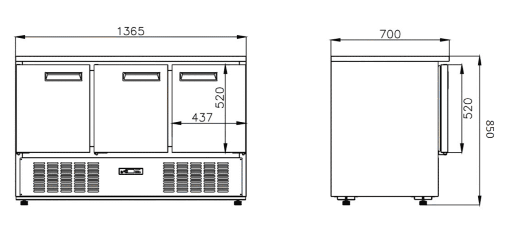 3 - Door bottom mount 9 x 1/6 - Pan Salad Refrigerators (Stainless Lid) 3 SL1365C3-S