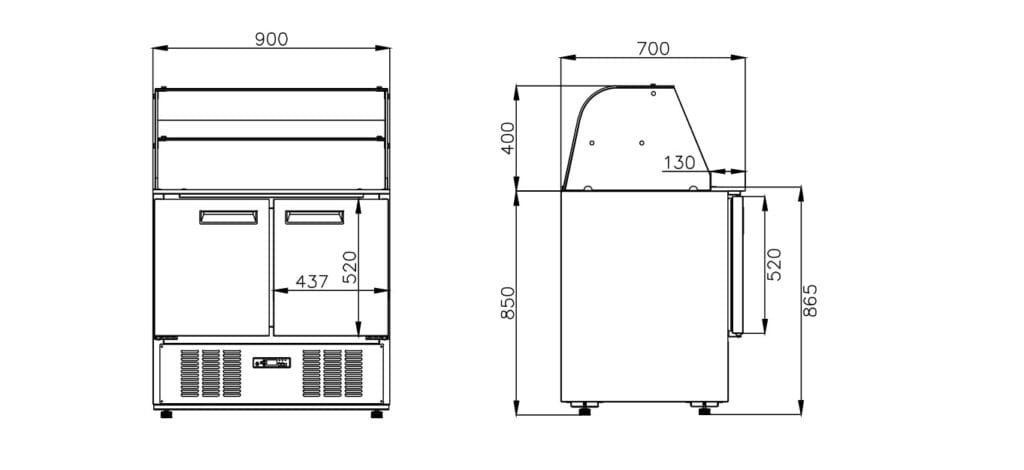 2-Door bottom mount Salad Refrigeration Counters With Curved Glass Lid 2 SL900C2-GL
