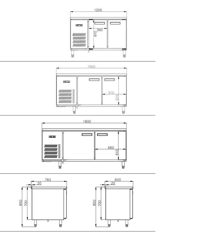 1200MM 2- Door Air - Cooled Refrigerator Workbench 2 UNDERCOUNTERS