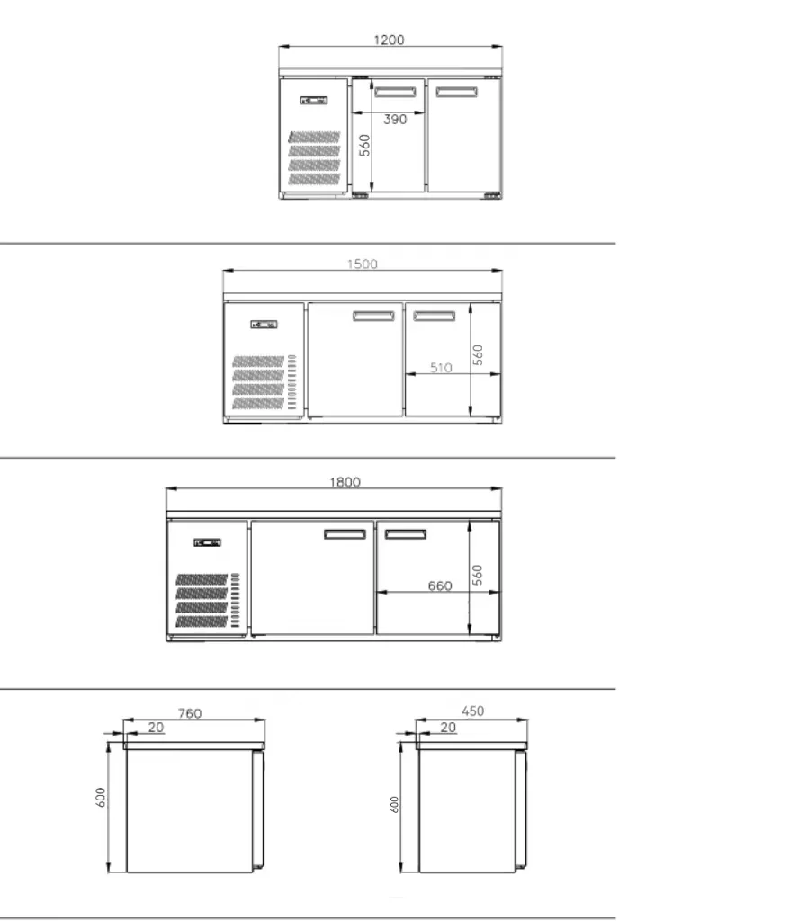 1800MM Air - Cooled Overhead Cabinets with Sliding Glass Doors 2 WALL MOUNTED REFRIGERATORS